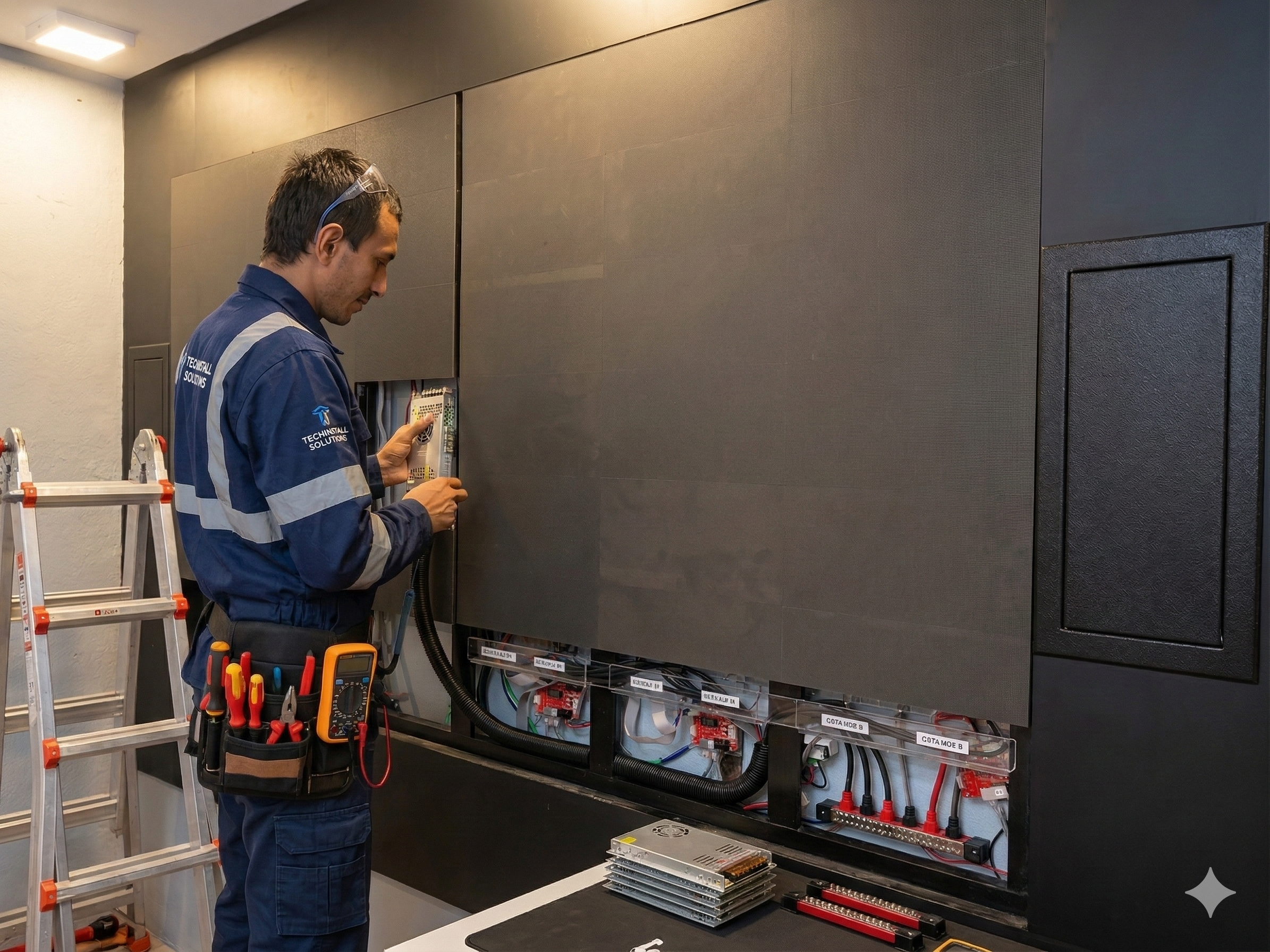 Technician servicing an LED wall installation and checking panel electronics