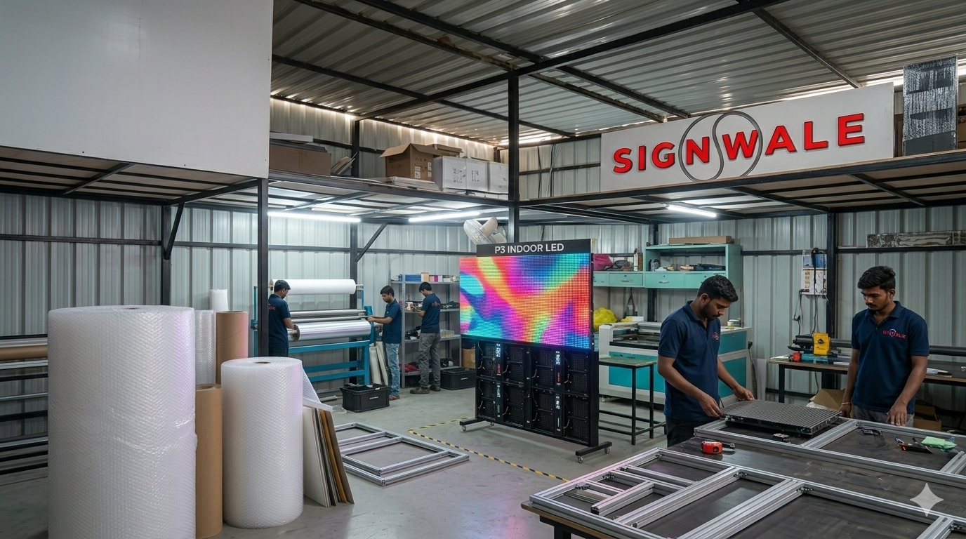 SignWale workshop team assembling signage and LED display systems