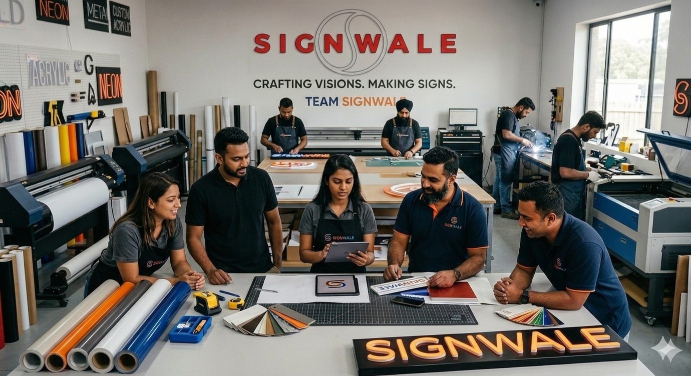 SignWale team inside the workshop and fabrication studio